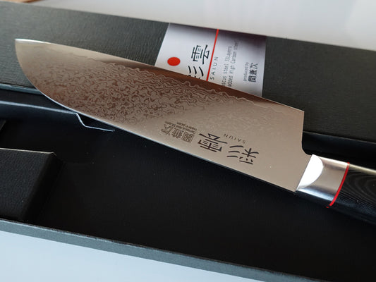 CS102 Cuchillo Japonés Santoku VG10 Damasco Saiun Kanetsugu 17cm