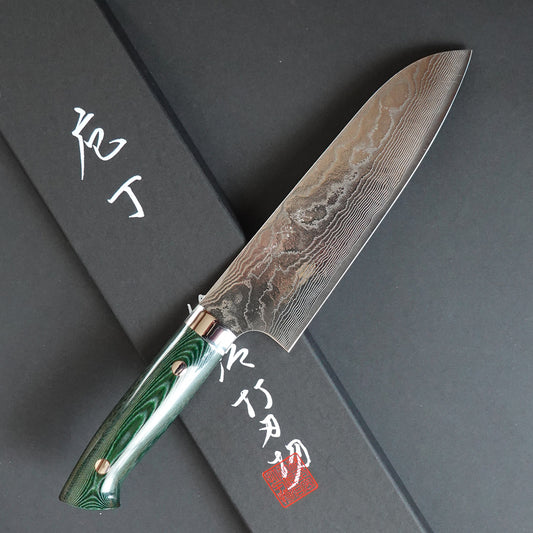 CS208 Cuchillo Japones Santoku VG10 Damasco Mango de Micarta verde - Saji 18cm